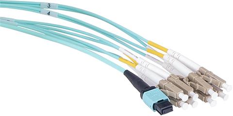 Optický patchcord MPOupc female/4xLCupc duplex, MM, OM3, 8-vlákno, Typ B, 1m